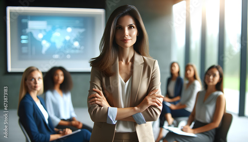 Confident woman delivering a presentation to an attentive female audience in a corporate setting.