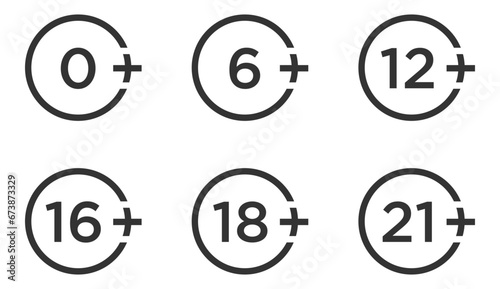 Set marks age limit sing restriction. Vector icons for children censoring content.