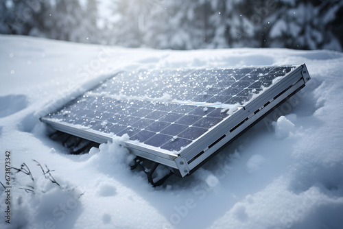 Photovoltaic solar cells covered in snow. Concept for problem with solar energy during winter with lack of sunlight photo