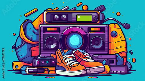 Design 80s-themed online clothing store logo , roller skates, cassette tapes. photo
