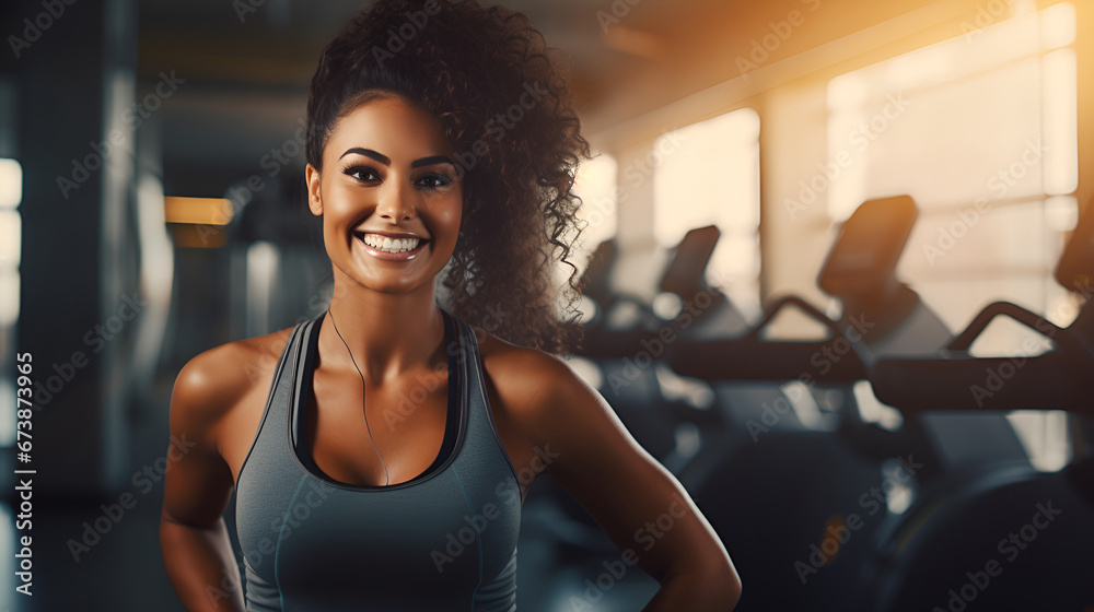 Fototapeta premium African American woman fitness trainer smiling and looking at the camera on the background of the gym. The concept of a healthy lifestyle and sports. mock up top greey top sportswear