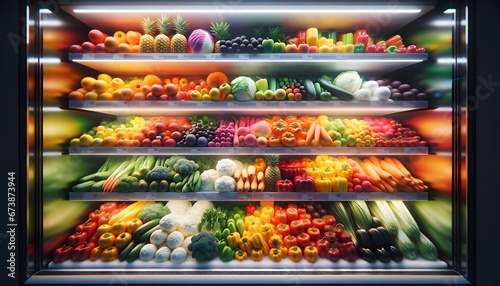 Fresh fruits and vegetables on supermarket refrigerated shelves. photo