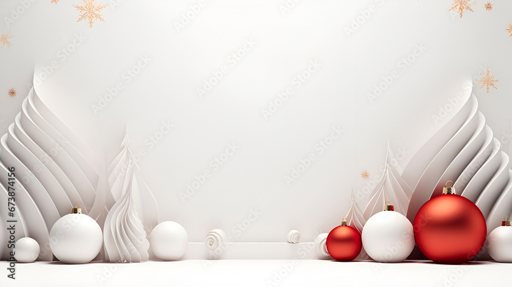 creative white christmas background for announcements with plaster christmas trees and festive red decorations and space for text. 3D rendering of a Christmas ad background - obrazy, fototapety, plakaty 