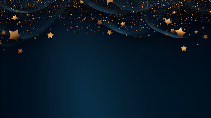 Christmas and New Year festive background. Golden stars and gilded ribbons on Navy blue background with copy space for text. The concept of Christmas and New Year holidays