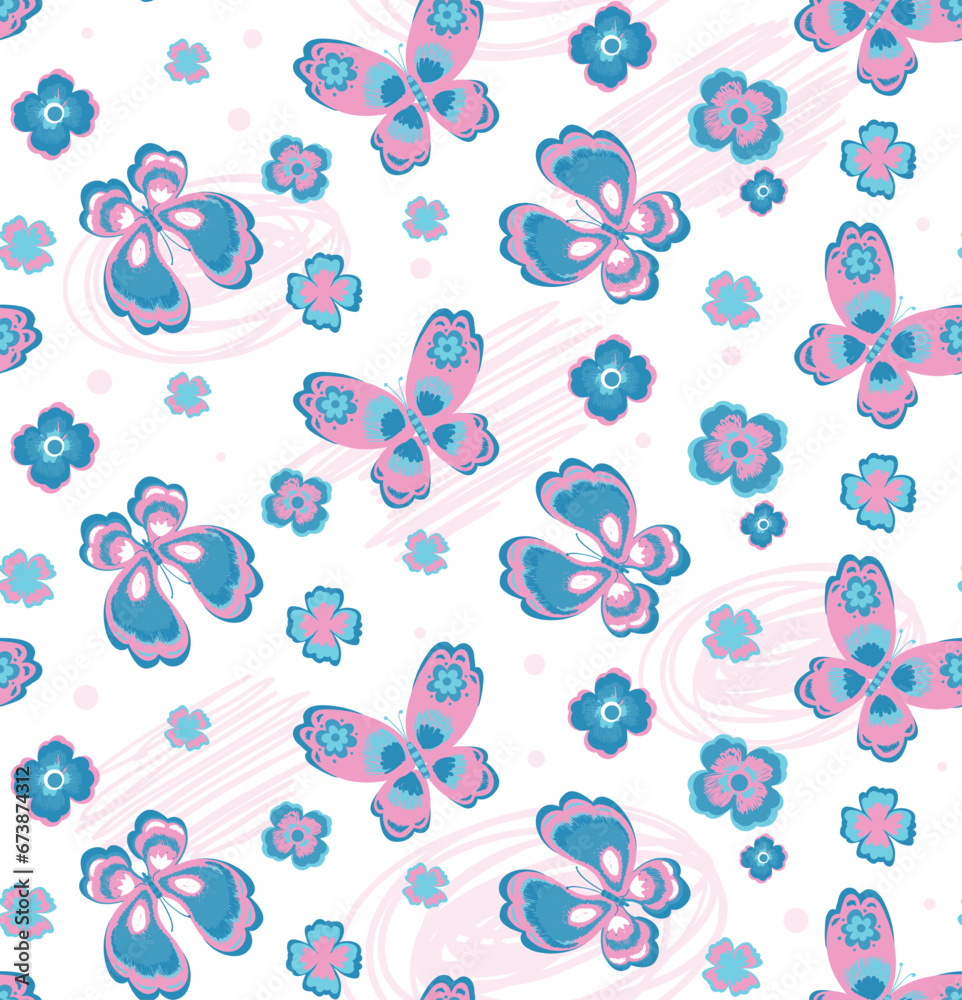 Seamless pattern with flowers and butterflies. Can be used on packaging paper, fabric, background for different images, etc.