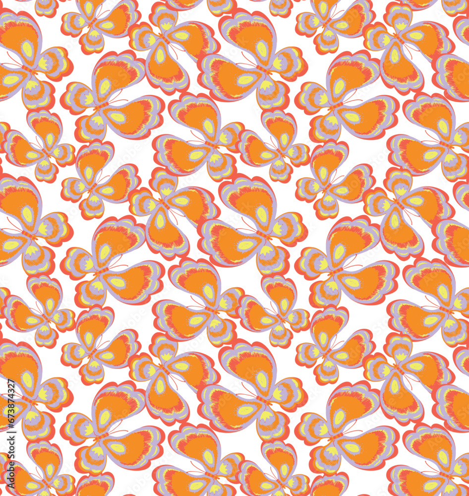 Vector butterfly seamless repeat pattern design background. Orange colorful butterfly silhouette, cute girly pastel pattern.