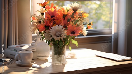 Colorful Flower Arrangement in Vase Brightens Home Interior generated by AI tool 