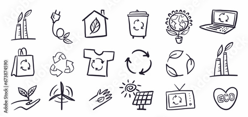 A collection of vector environmental symbols hand-drawn in the style of doodles