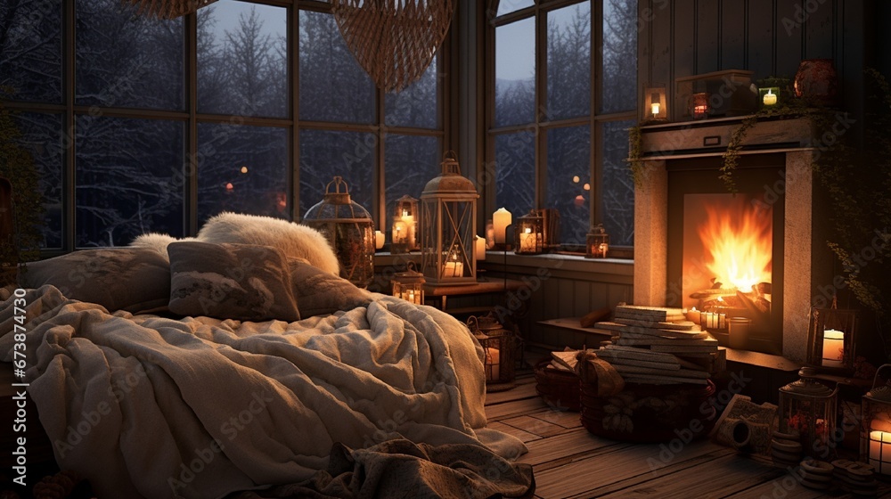 Glowing Candlelight in Cozy Indoor Ambiance and hanging cozy chair generated by AI tool  