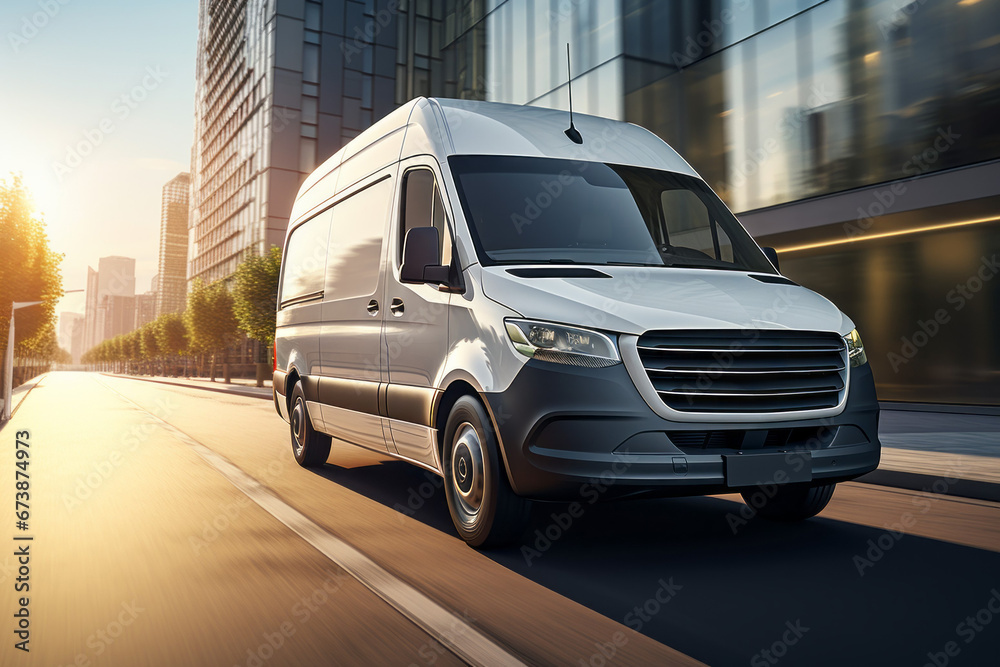 Modern delivery and retail service van. Transport logistics concept. Background with selective focus and copy space Modern delivery and retail service van. Transport logistics concept. Background with selective focus and copy space