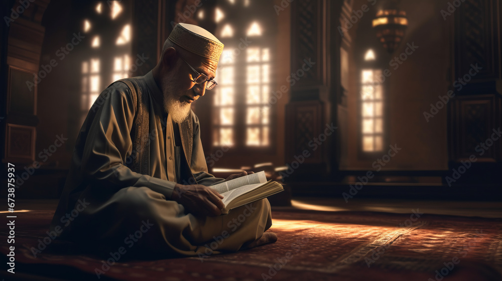 A Muslim senior sitting in masjid reading quran before prayer time.