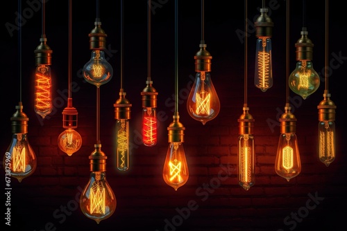 Decorative antique Edison style light bulbs different illustration. AI generative. © Tamara
