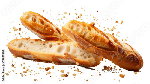 Baguette with Scattered Crumbs on a Transparent Background