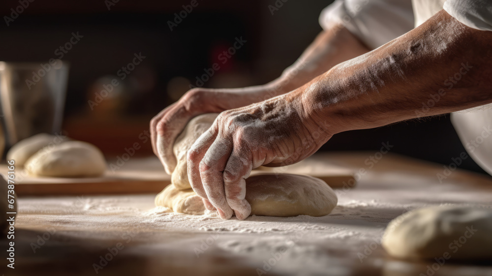 Close up of hand kneading the dough on the table in the kitchen Generative ai