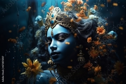 Krishna in fantasy style. Religious concept with selective focus and copy space