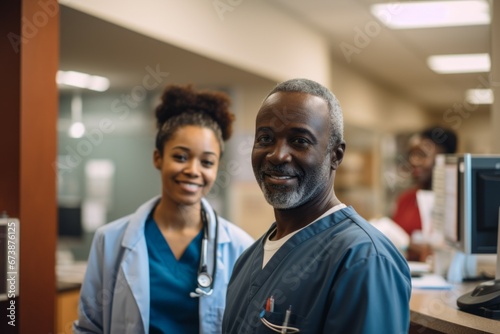 Male employee at the reception in a hospital. Portrait with selective focus and copy space