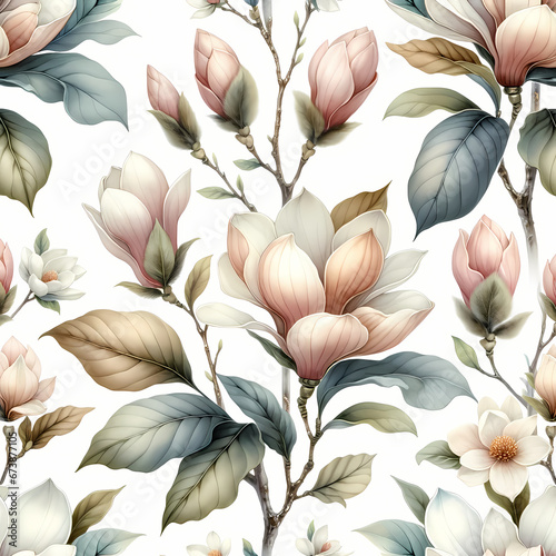 Create a seamless watercolor wallpaper featuring magnolia flowers and leaves. The design should have soft, blended watercolour effects