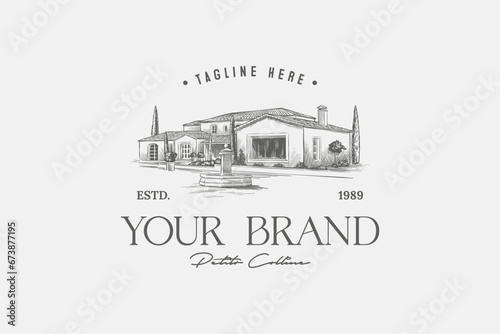 logo illustration of a hotel building from a human eye perspective, elegant classic vintage style photo