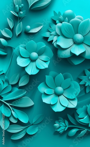 flowers abstract wallpaper mural art for home decorative 3d turquoise leaves flowers in light background, Generative AI