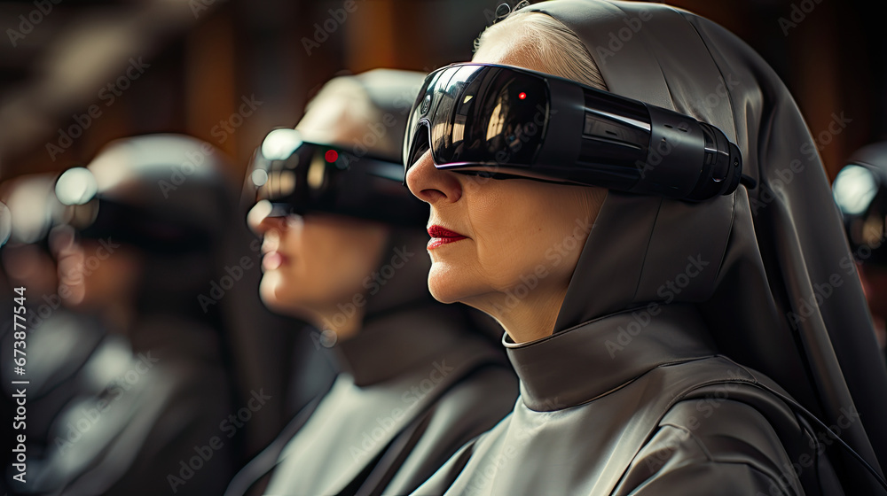 Nuns with VR glases enjoy virtual reallity experience. Nuns with VR glases enjoy virtual reallity experience.