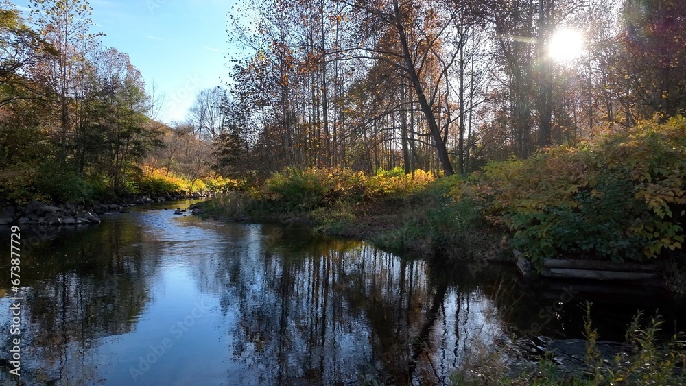 Natures beauty in landscapes in Autumn Fall colors in mountains, hills, valleys and lakeside in countryside in Pennsylvania