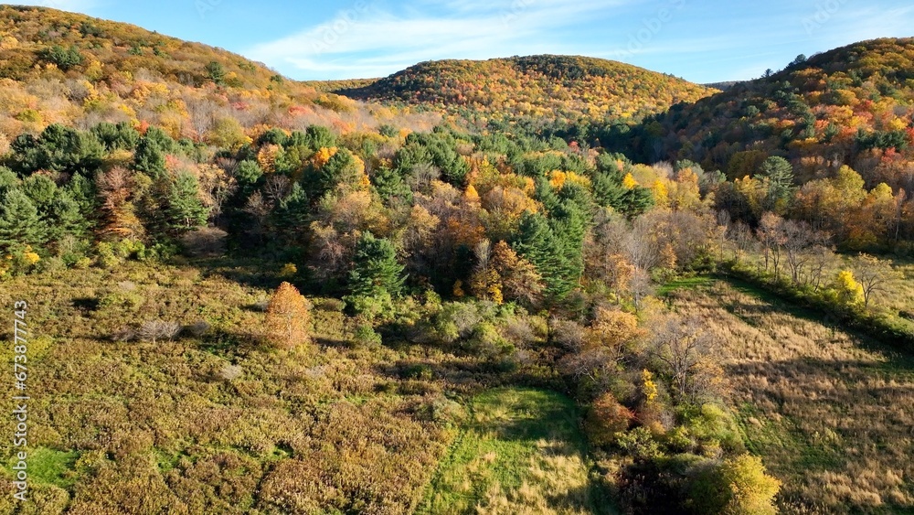Obraz premium Natures beauty in landscapes in Autumn Fall colors in mountains, hills, valleys and lakeside in countryside in Pennsylvania