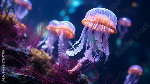 A serene jellyfish exhibit, with softly glowing bioluminescent creatures as the background context, during a peaceful nocturnal aquarium experience