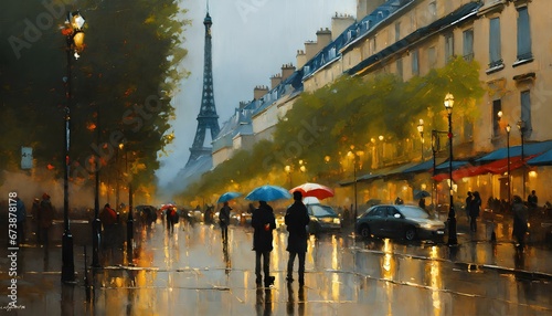 パリの美しい街並みを描写した絵画、雨に濡れた街とエッフェル塔｜A painting depicting the beautiful streets of Paris, the rain-soaked city and the Eiffel Tower. Generative AI photo