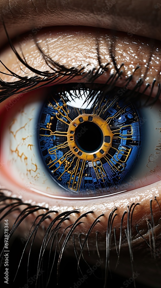 Close Up, iris of a human eye made with electronic circuits and components, bionic eye.
