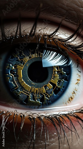 Close Up  iris of a human eye made with electronic circuits and components  bionic eye.