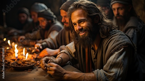 Happy Jesus Christ at the last supper table.