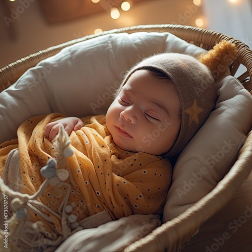 Newborn baby sleeping peacefully in the crib. photo