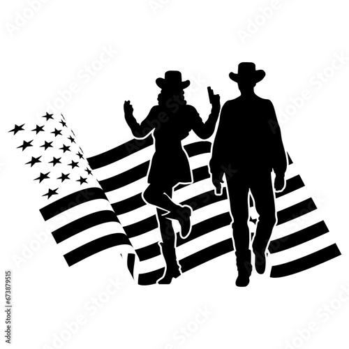 cowboy cowgirl Silhouette in Usa Flag Distressed, American Flag Graphic