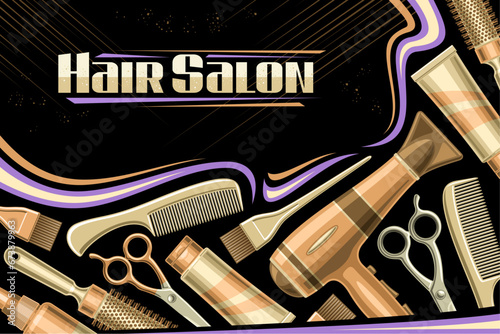 Vector layout for Hair Salon with empty copy space for text, decorative ad coupon with illustration of different hair stylist equipment, pastel colored beauty tools for hair salon on dark background