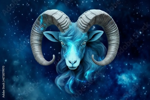 Capricorn zodiac sign with symbol, picture, horoscope, stars, and nebula in blue color representing astrological concept. Generative AI