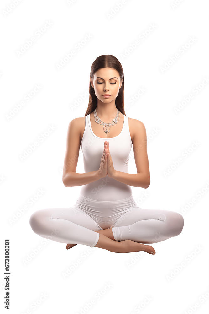 Beautiful woman dressed in white doing yoga meditation on a cutout PNG transparent background