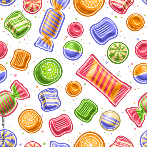 Vector Candy Seamless Pattern, repeating background with cut out illustrations of different colorful fruit candies and bubble gums in spiral vibrant cellophane foil, set of flying flat lay candy mix