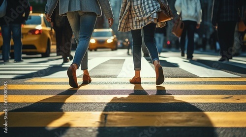 People's legs cross the pedestrian crossing. generative ai photo