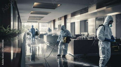 People wearing PPE sanitizing a hallway of an office during the Covid-19 lockdown. generative ai © Ahtesham