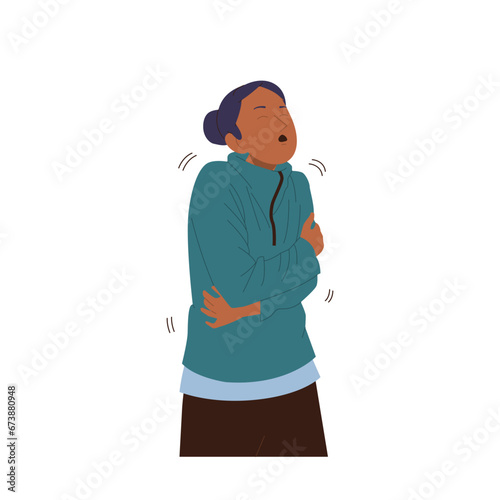 Sick woman cartoon character trembling feeling unwell hugging herself isolated on white background
