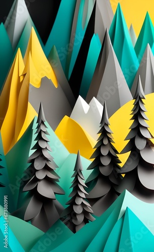 3d illustration wallpaper landscape arts. Christmas trees with turquoise, black and gray mountains in the light yellow background with birds, Generative AI