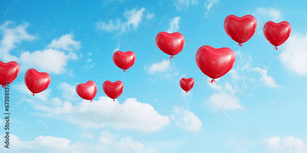 balloons in the shape of red hearts flying in the sky on valentine's day