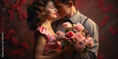 beautiful couple in love hugging, flowers on valentine's day