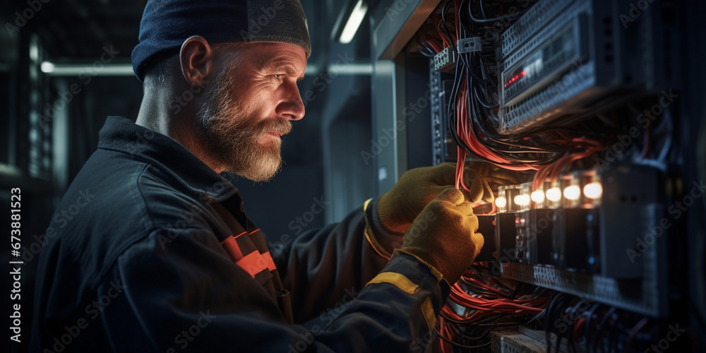 A male electrician installs an electrical panel system