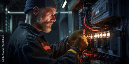 A male electrician installs an electrical panel system