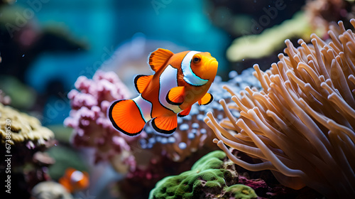 A graceful clownfish  with vibrant anemones as the background context  during a lively and colorful marine reef display