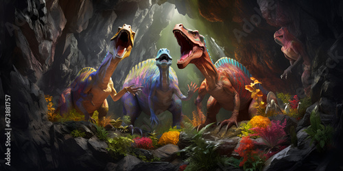 dinosaurs roaring in the jangle , "Primeval Roar: Dinosaurs Echoing Through the Jungle" © muhammad