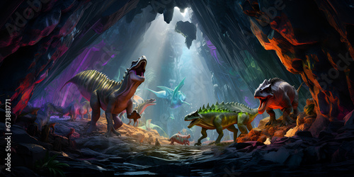 dinosaurs at the cave, "Ancient Beasts: Dinosaurs Roaming Within the Cave", Cavernous Discoveries: Dinosaurs Explored in the Cave" © muhammad