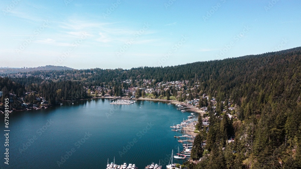 a marina in a big bay surrounded by trees, and mountains