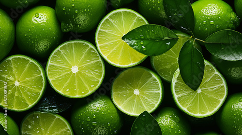 A group of limes with leaves - fruit background wallpaper
